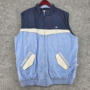 Vintage Hobie Colorblock Puffer Vest Navy Light Blue Pinstripe XL Hidden Hood